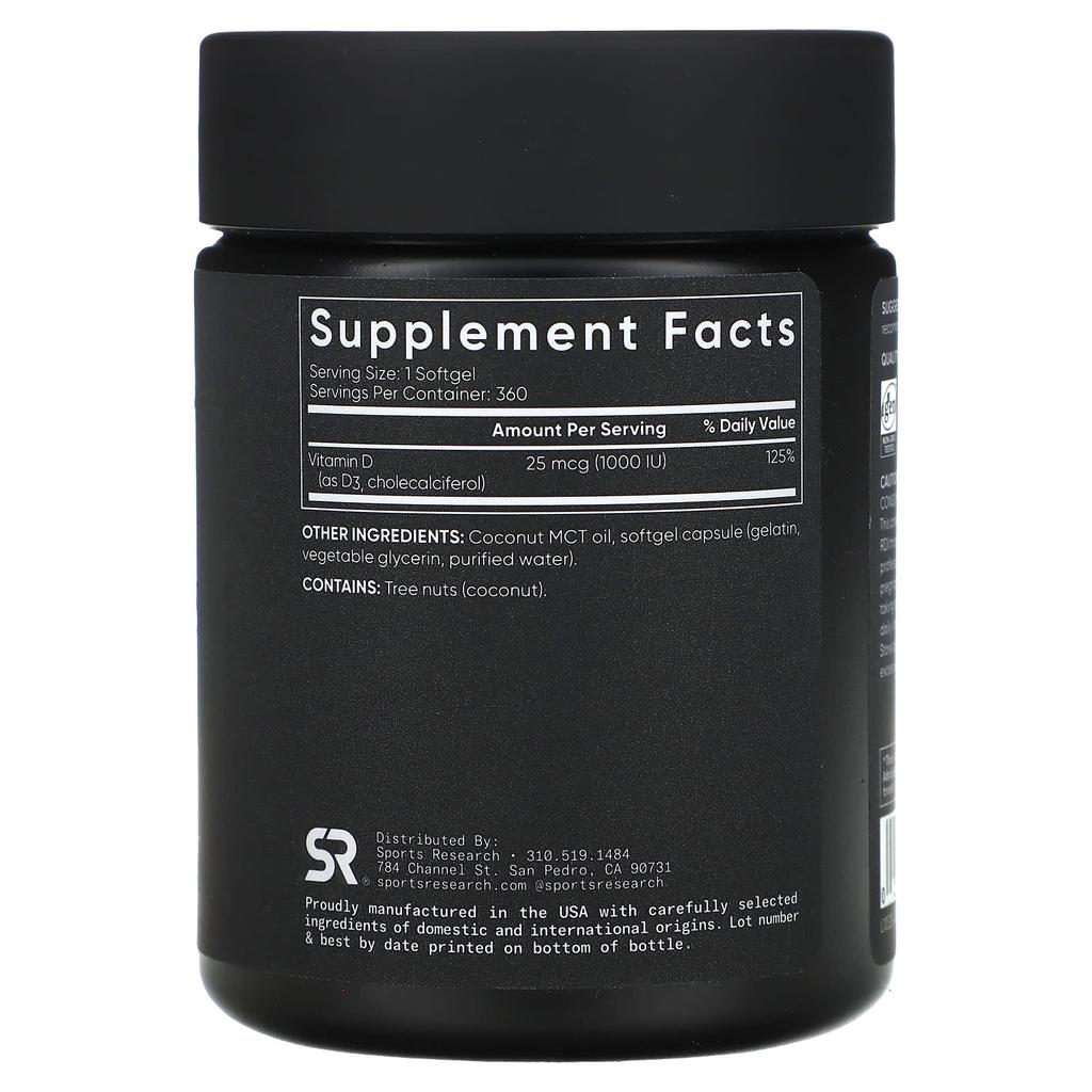 Sports Research Vitamin D3, High Potency, 25 Mcg (1,000 IU), 360 Softgels
