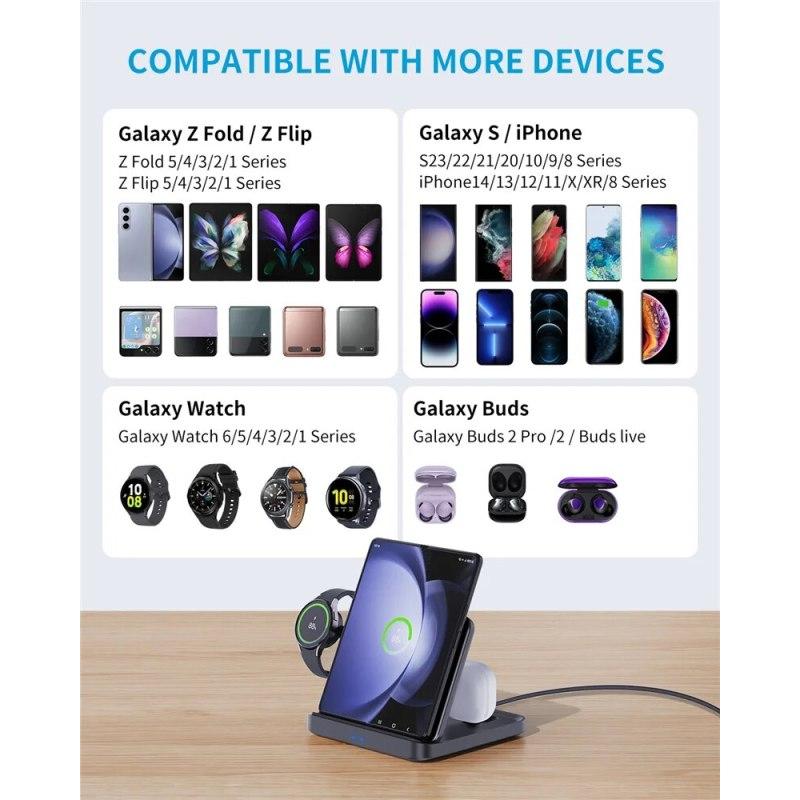 3 In 1 Wireless Charger Stand Foldable Fast Charging Station for Samsung Galaxy S23 S22 21 Flip 5 4 Z Fold Watch 5 4 Active Buds