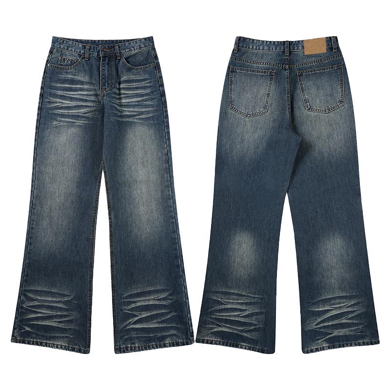 LKTM Джинсы унисекс в американском ретро-стиле, темно-синие, микроклеш, с потертостями, длинные