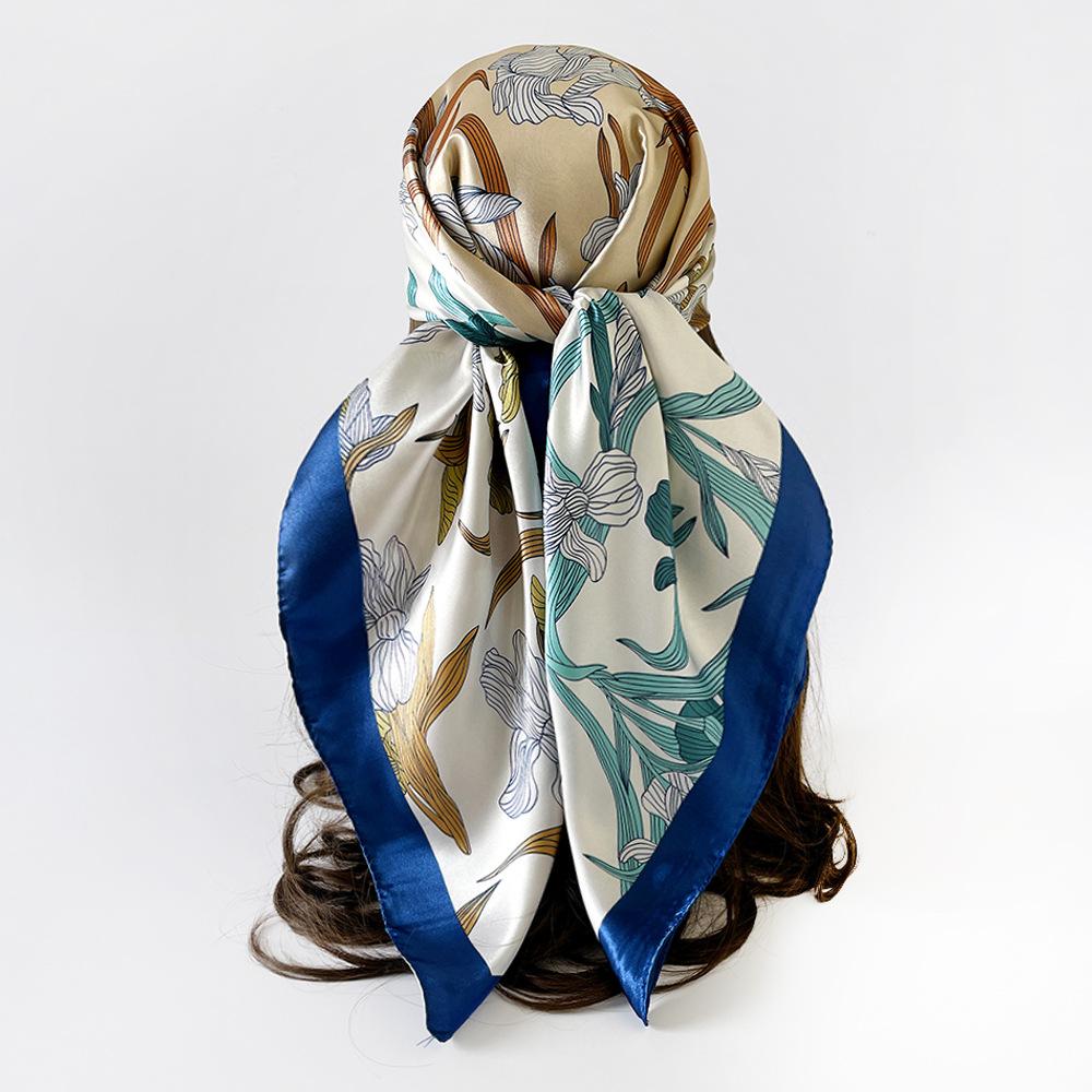 90cm Satin Printed Headscarf, Classic Floral Large Scarf, Women’s Shawl
