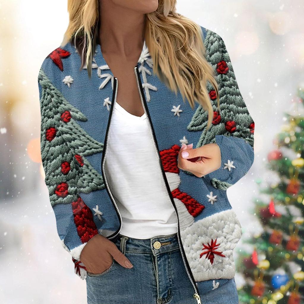 Женская легкая короткая куртка с длинными рукавами на молнии с принтом, повседневная стеганая куртка с карманами, рождественская