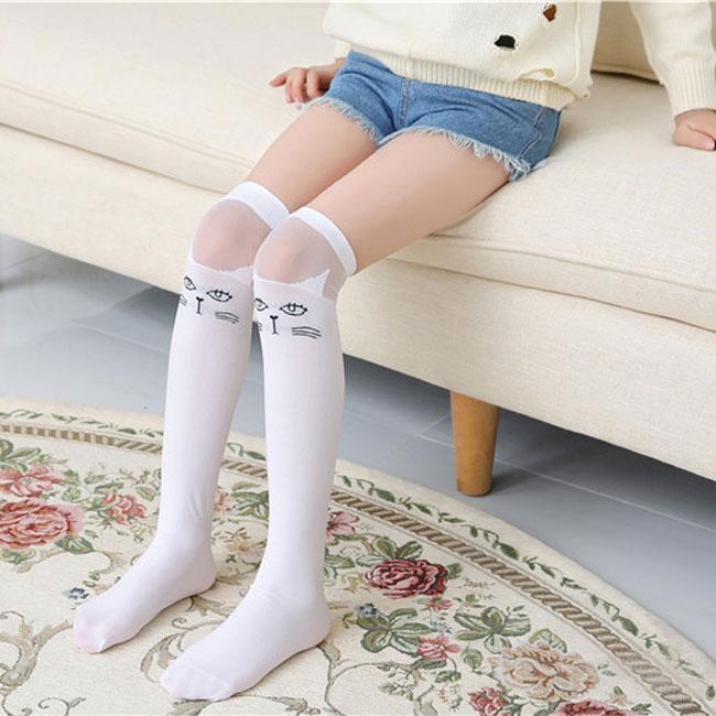 Детские белые длинные носки, кавайные милые носки до бедра с котом, кружевные носки с героями мультфильмов, весна-лето