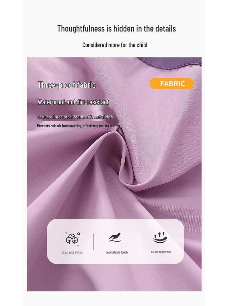 Girls' Fleece-Lined Color Block Windbreaker Jacket, Spring/Autumn, Thick, Windproof, for Medium & Large Children