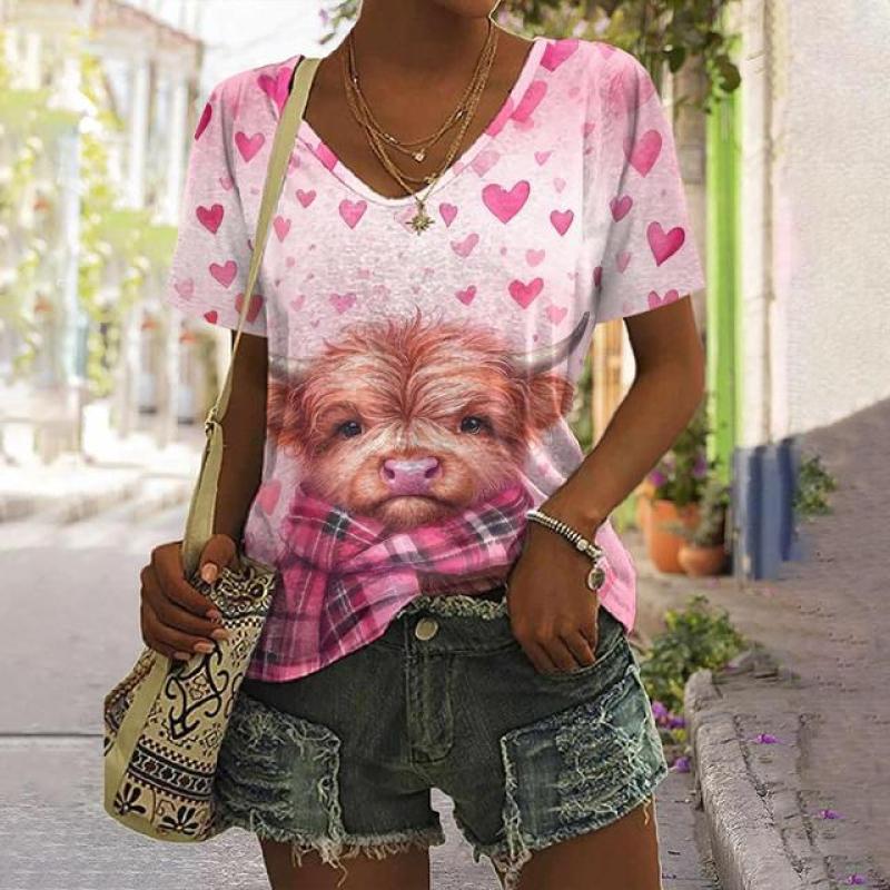 Женская футболка с изображением животных, летняя повседневная футболка с короткими рукавами, милый топ с принтом теленка, уличная мода с 3d принтом, женская одежда в стиле Харадзюку с v-образным вырезом