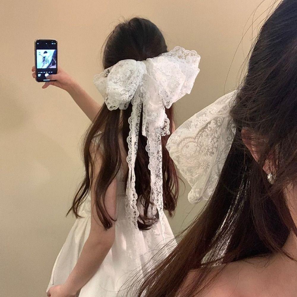 Elegant Design Extra Large Butterfly Bow Hair Clip Butterfly Shap Long Ribbon Ribbon Hair Clip Hollow-out Back Head Hair Clip