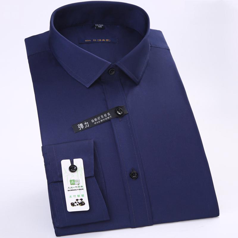 Отличные однотонные классические мужские рубашки с длинным рукавом и отложным воротником из бамбукового волокна, эластичные облегающие рубашки для социальных сетей