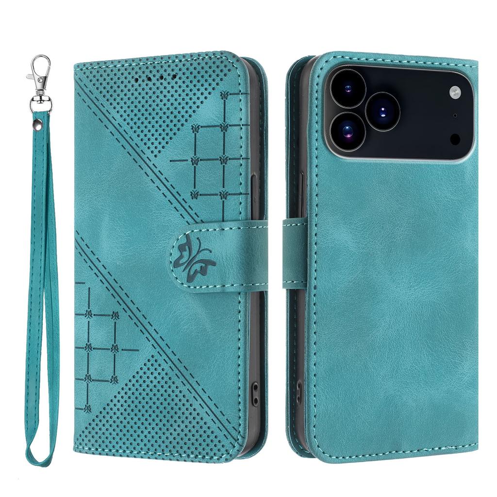For iPhone 17 Pro Leather Wallet Case Butterfly Flower Imprinted Phone Cover with Strap