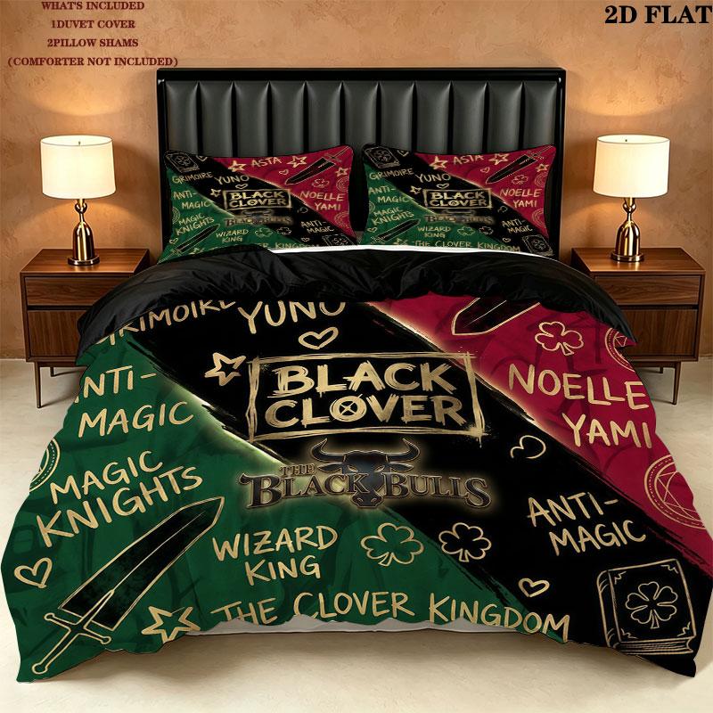 Black Clover Pattern Bedding Quilt Set Quilt Cover Pillowcase Home Birthday Gift(1 * duvet cover + 2 * pillowcase, without core)