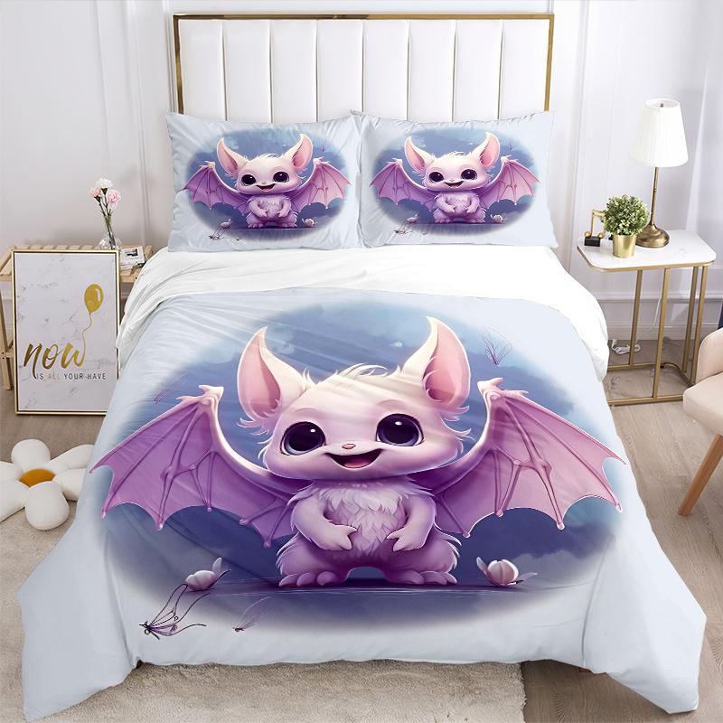 3pcs Cute Purple Bat Quilt Cover Set - Soft and Cozy Bedroom, Guest Room and Dorm Decorative Bedding 3-Piece Set 1 Quilt Cover + 2 Pillow Shams.H