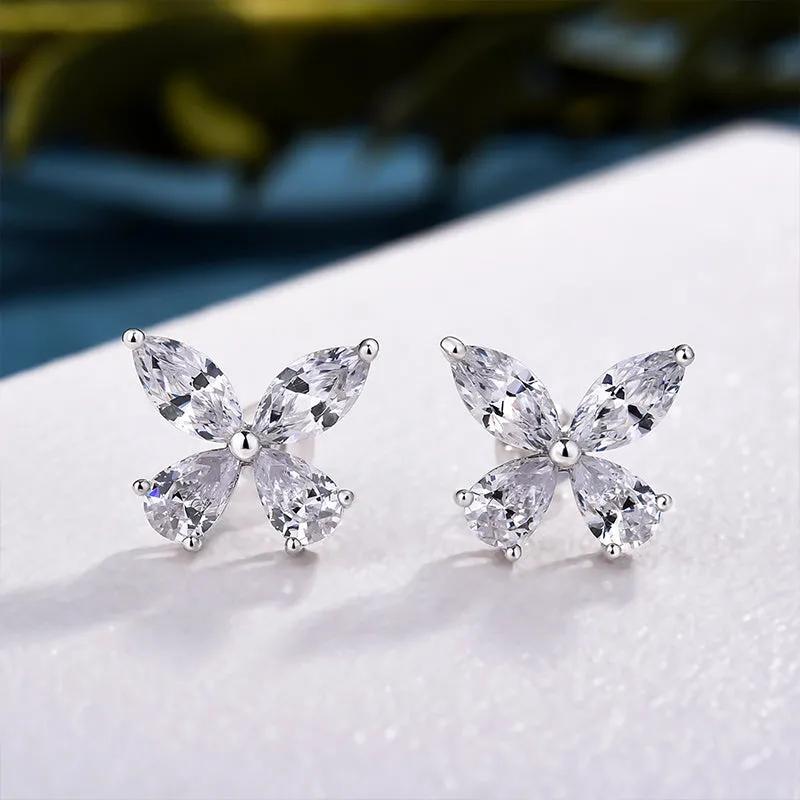 Huitan Crystal Butterfly Shaped Stud Earrings for Women Silver Color Dainty Female Ear Accessories Party Wedding Bridal Jewelry