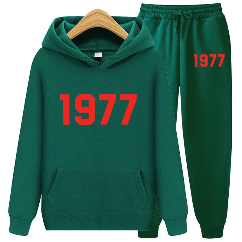 1977 Толстовка с капюшоном из двух частей Комплект с капюшоном Женская модная брендовая уличная свободная флисовая осенне-зимняя теплая толстовка с капюшоном + брюки Комплект