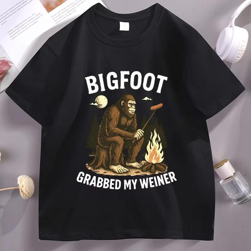 Bigfoot Grabbed My Weiner T Shirt Campfire Sasquatch TShirt Bigfoot Camping Tshirt Breathable Casual Round Neck Unisex Tees Top