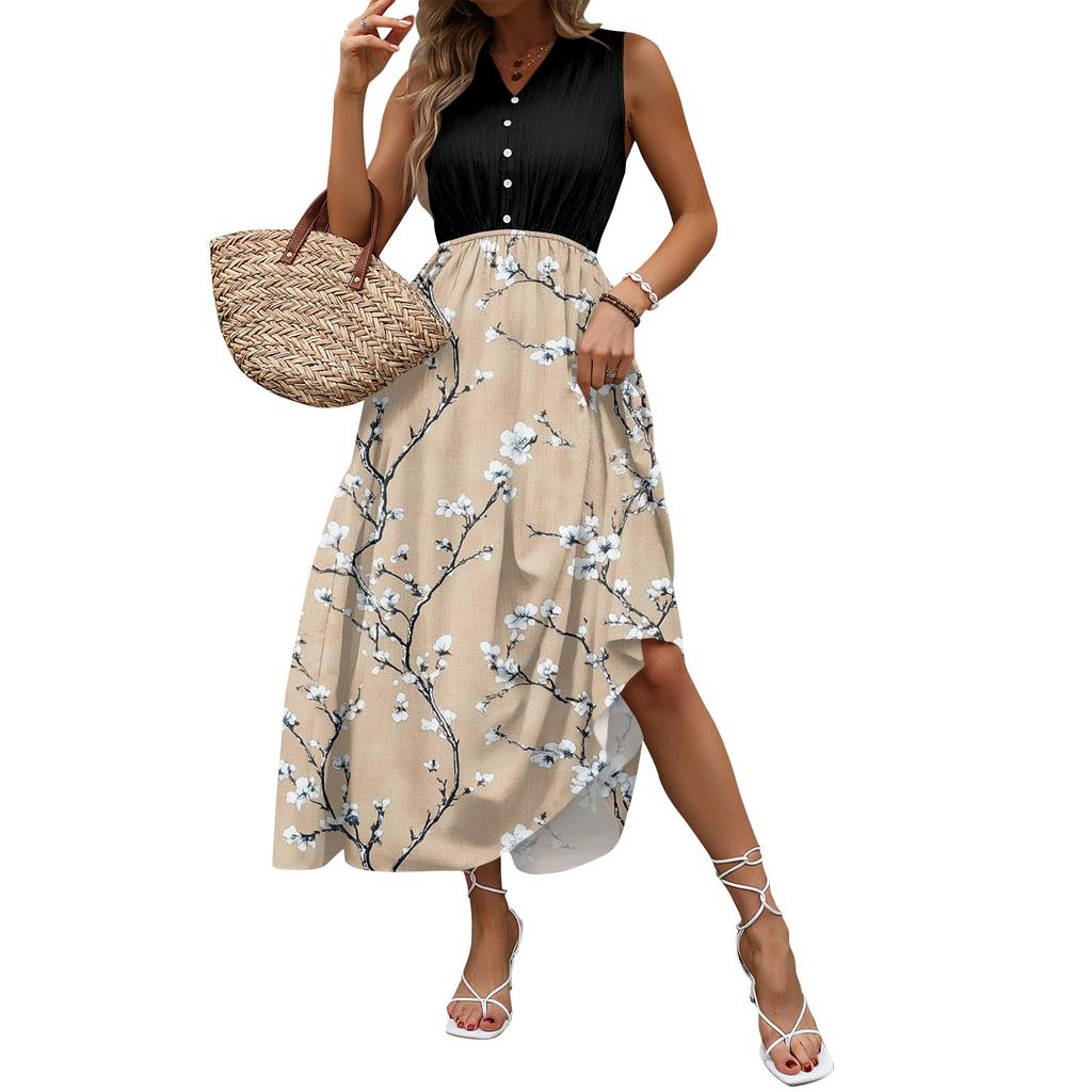 Women's Casual And Fashionable V-neck Sleeveless Printing Mid Length Dress