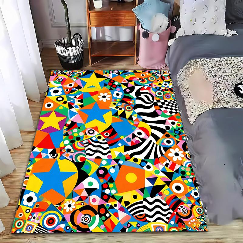 Colorful Abstract Geometric Carpet with Stars and Eye Patterns Design Suitable for use as an anti-slip for living room bedroom sofas