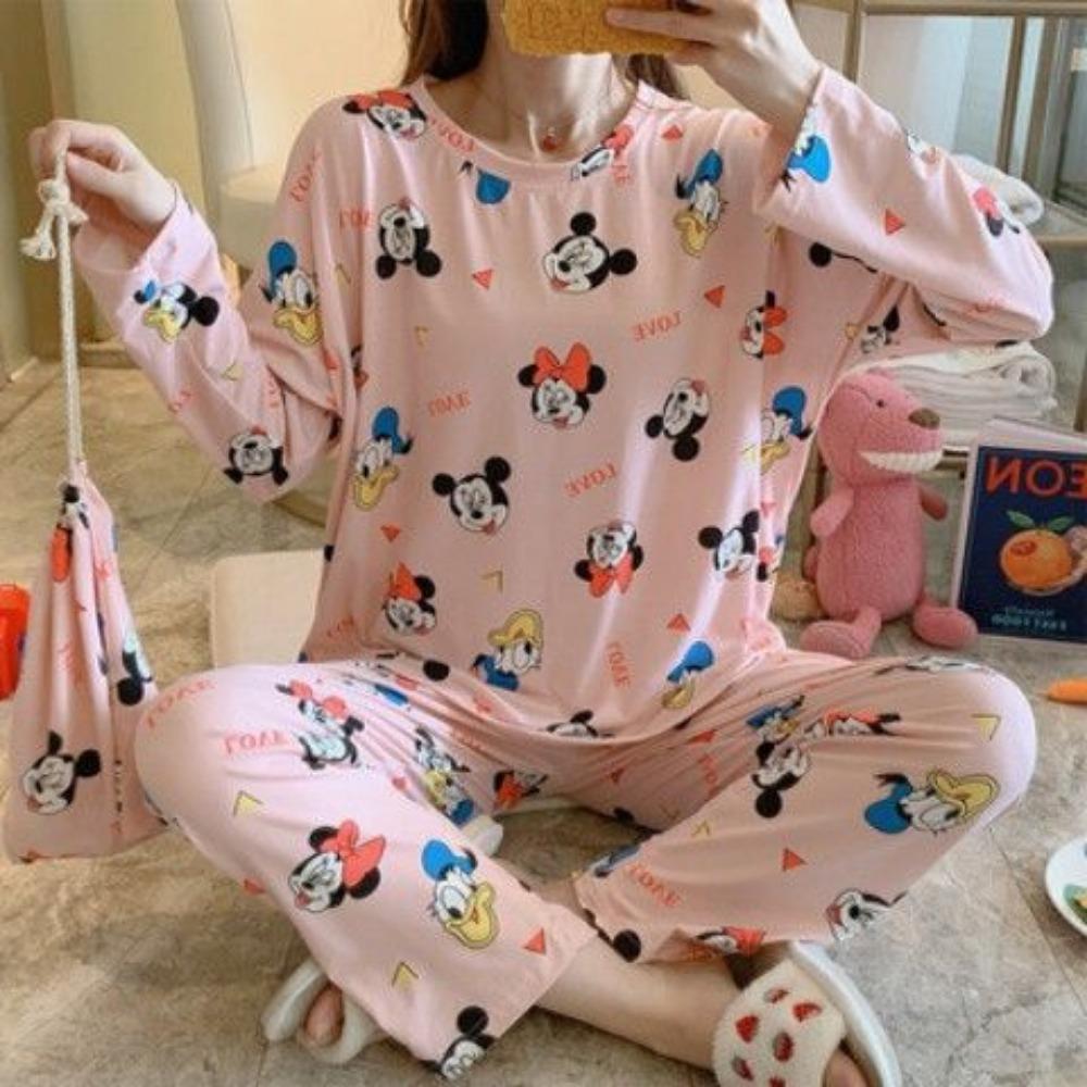Cartoon Cute Patterned Long Sleeved Pajamas Set Female Spring Sleepwear Comfortable Cotton Round Neck Pajamas