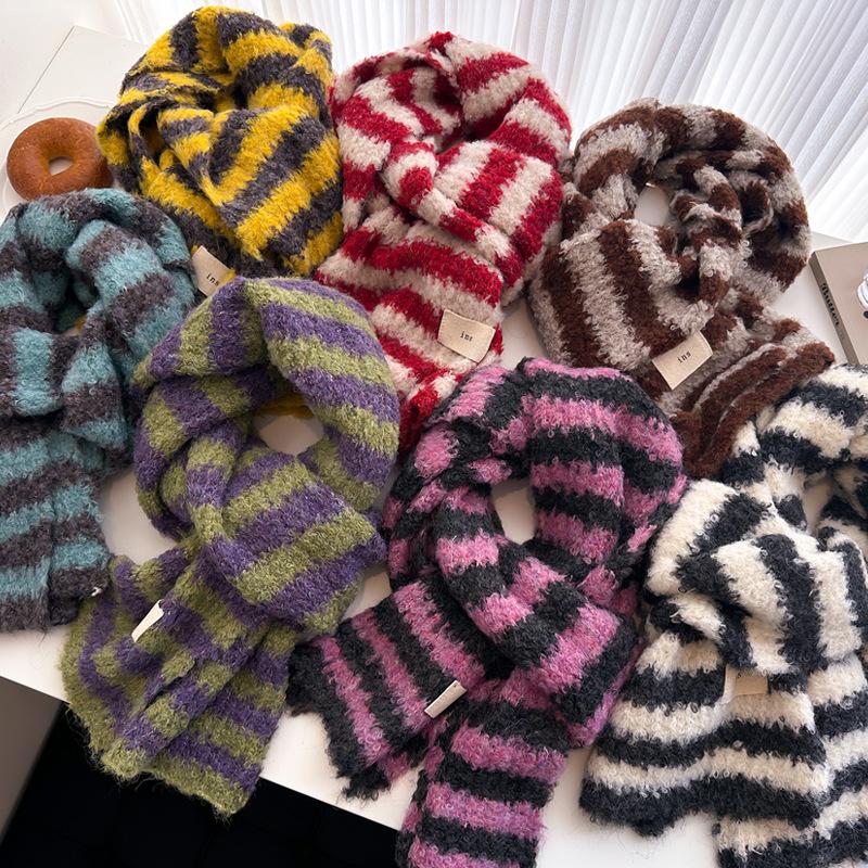 Small Fresh Literary And Artistic Color Matching Wool Knitted Scarf Medium And Long Shawl Scarf Versatile Warm For Women