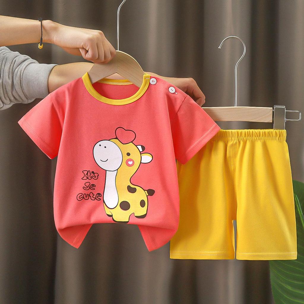 Короткие комплекты для мальчиков и девочек, милый динозавр с цветочным принтом, топы с короткими рукавами, короткие штаны с круглым вырезом, комплекты из двух предметов, одежда для детей