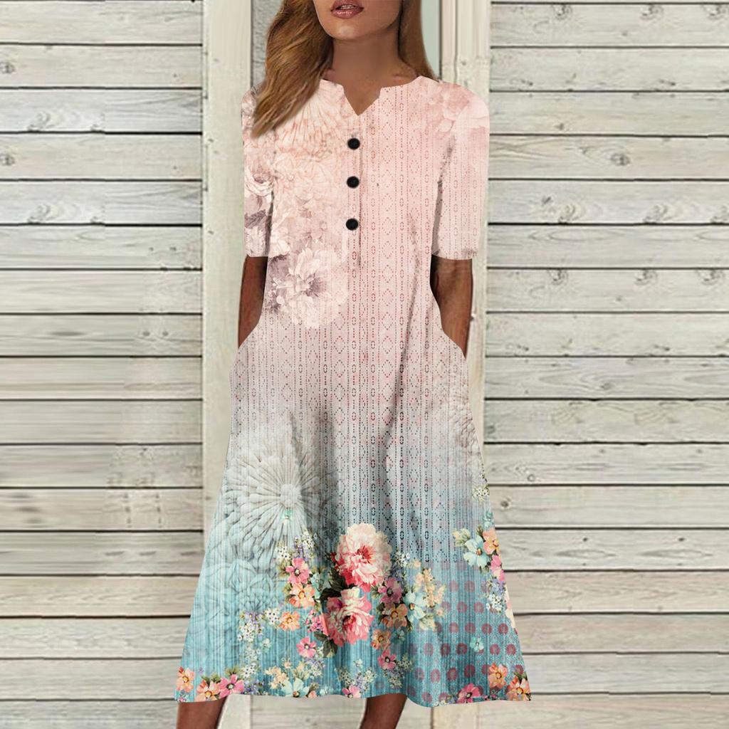 Women's Summer Casual Printing Fashion V-neck Short Sleeved Beach Swing Skirt