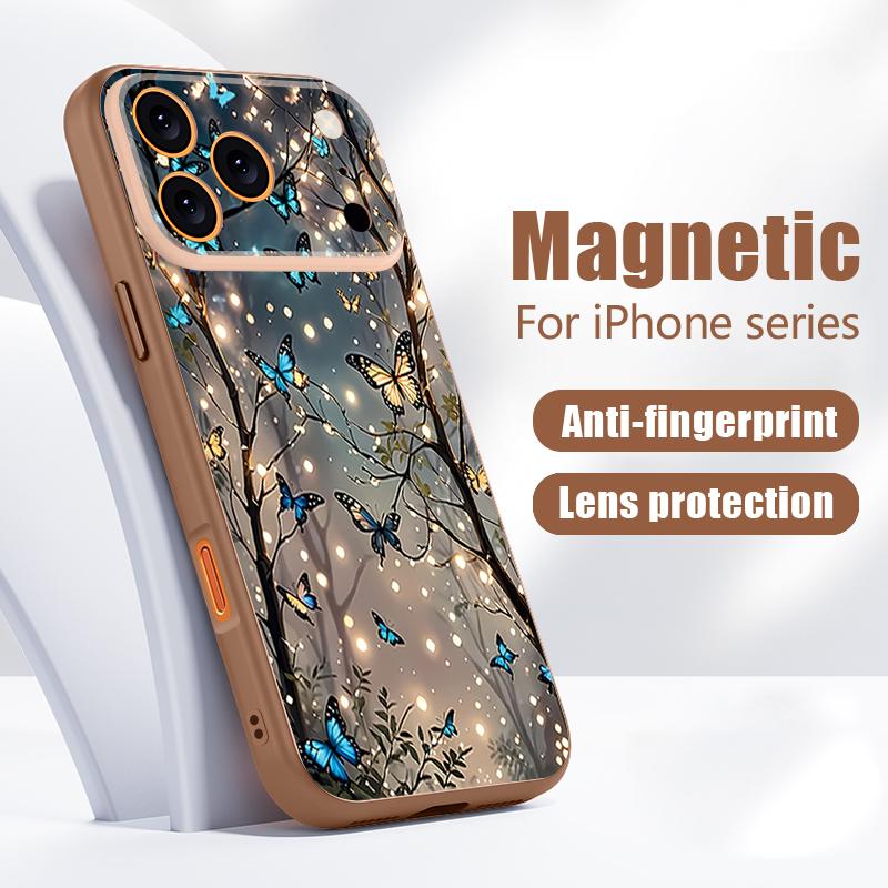 Магнитный Чехол Для Magsafe Для iPhone 17 Pro Max Светящийся Фантазийный Узор Бабочки Покрытие С Ощущением Кожи Для iPhone 16 15 14 13 Pro Max