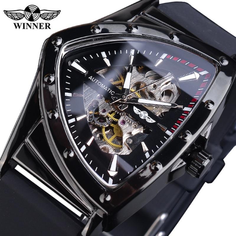 WINNER Triangle Automatic Military Wristwatch With Luminous Pointers Sport Style Men's Watches Transparent Skeleton Mechanical Watch