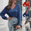 Women's Loose Front Cropped Navel Long Sleeve Solid Wrap Knit Sweater