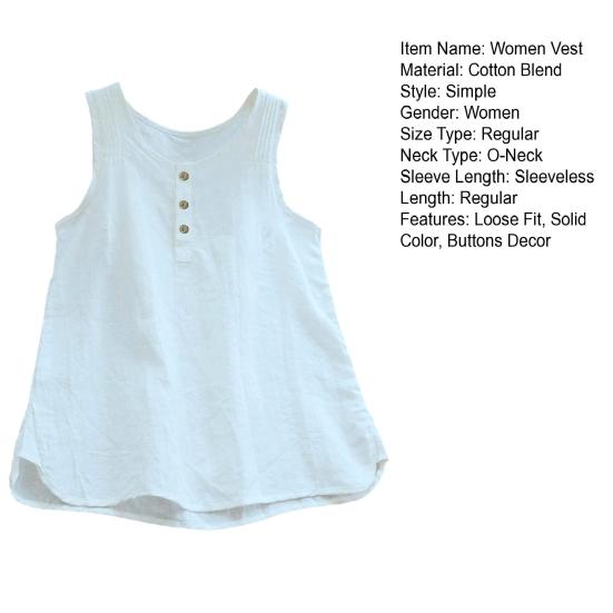 Women Vest Round Neck Sleeveless Solid Color Tank Tops Loose Fit Buttons Decor Summer Camisole Daily Wear