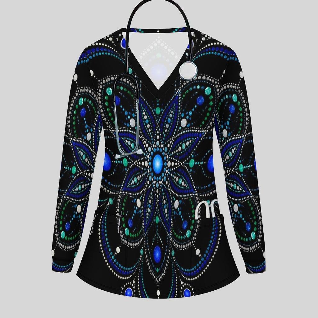 Women Plus Size Printed Nurse Scrub Top V Neck Long Sleeve With Front Pockets Black Blue Green Dotted Floral