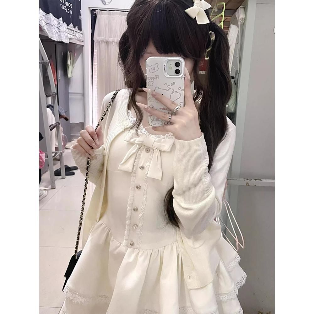 Французский милый, красивый и уникальный, супер привлекательный кардиган-жакет, пушистое платье-торт, комплект из двух предметов, на маленькую весну и осень