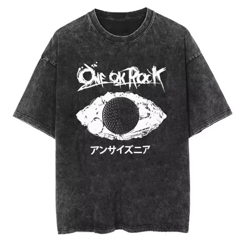 One Ok Rock Tour Tengkorak Washed Vintage T-Shirt For Men And Women Summer Cotton Oversized Hip Hop Style