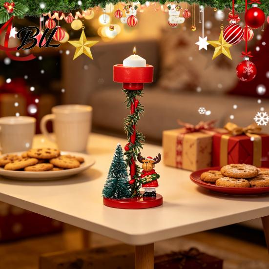 Red Metal Art Craft Christmas Reindeer Candle Holders, Cartoon Candlestick Cute Holder Tree Elk Decor for Tealight Candles, Table Centerpieces