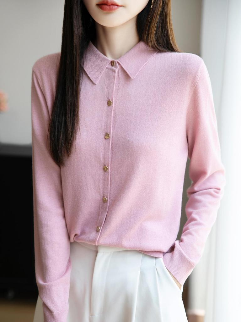 Женский вязаный кардиган на начало осени: Свитер-топ с воротником поло и длинными рукавами