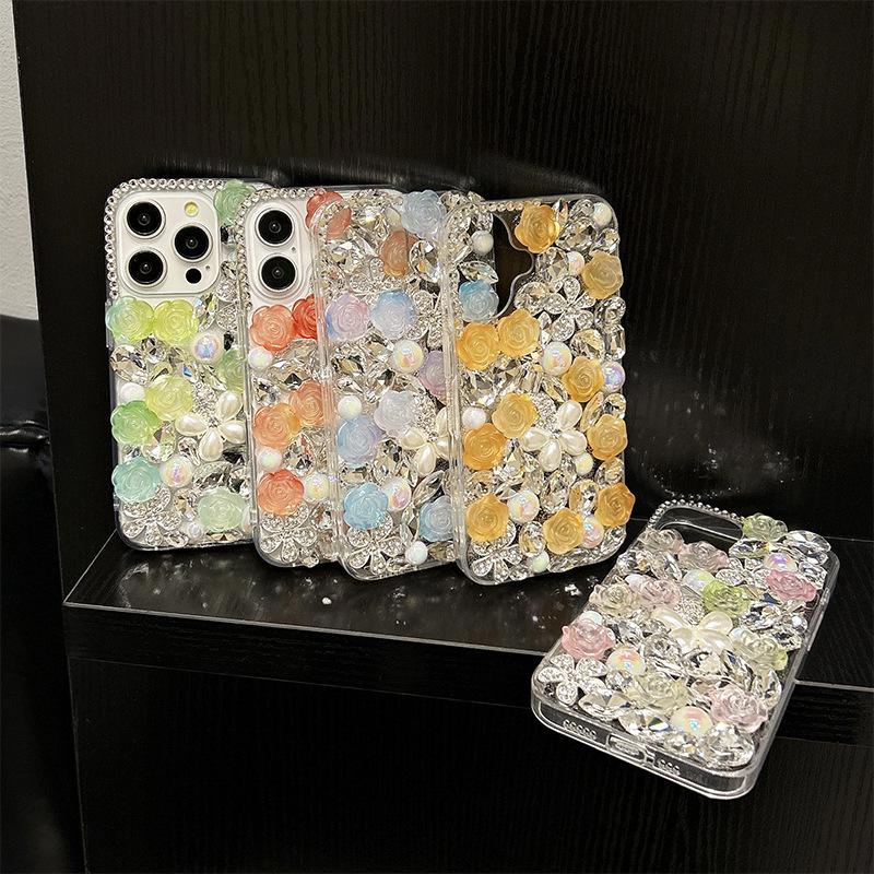For IPhone17promax Rhinestone Phone Case for Apple 15 Pearl Flower Luxury 14 Rose Flower 13 Hard Case