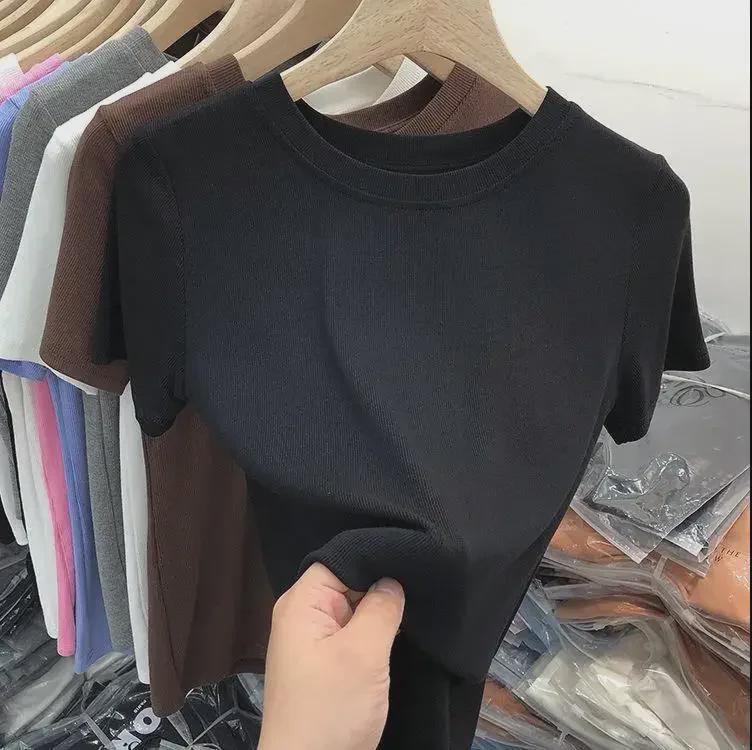 Women's Solid Color French Slim Fit Short Sleeve T-Shirt - 2024 Summer Collection