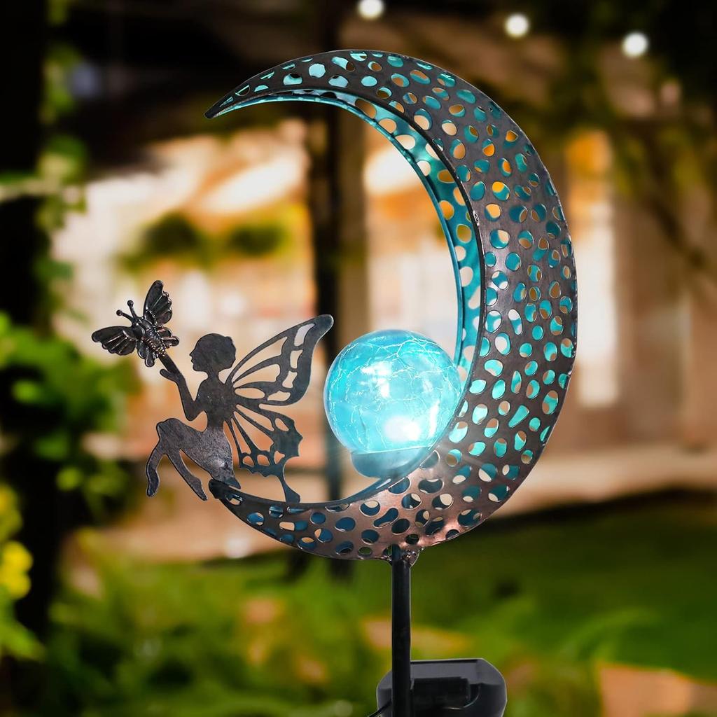 Solar Lights Outdoor - Garden Decorative Moon Solar Lights with Fairy Outdoor Metal Crackle Glass Globe Stake Garden Decor for Pathway, Lawn,Yard