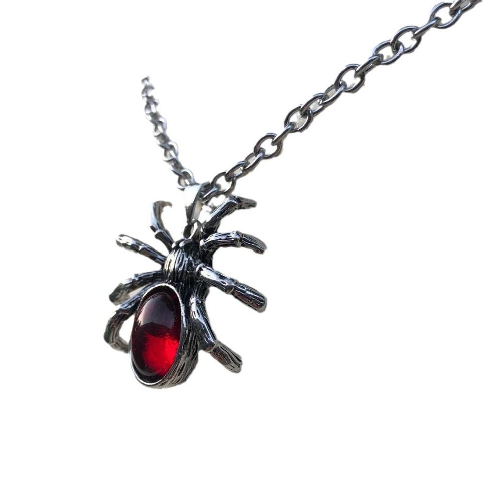 Gothic Punk Sliver Simulation Spider Insect Red Oval Crystal Pendant Necklace for Women Men Hallowmas Jewelry Accessories
