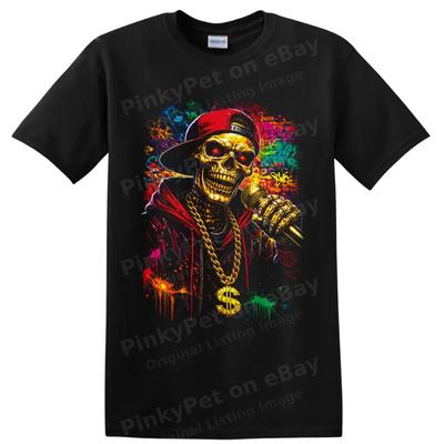 Hip Hop Skeleton Rapper T Shirt W/ Gold Chain Microphone Graffiti Skull Art Tee