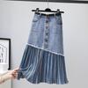 Design Sense Draped and Versatile Chiffon Pleated Stitched Denim Skirt In Spring, Thin and Irregular Medium Length A-line Skirt