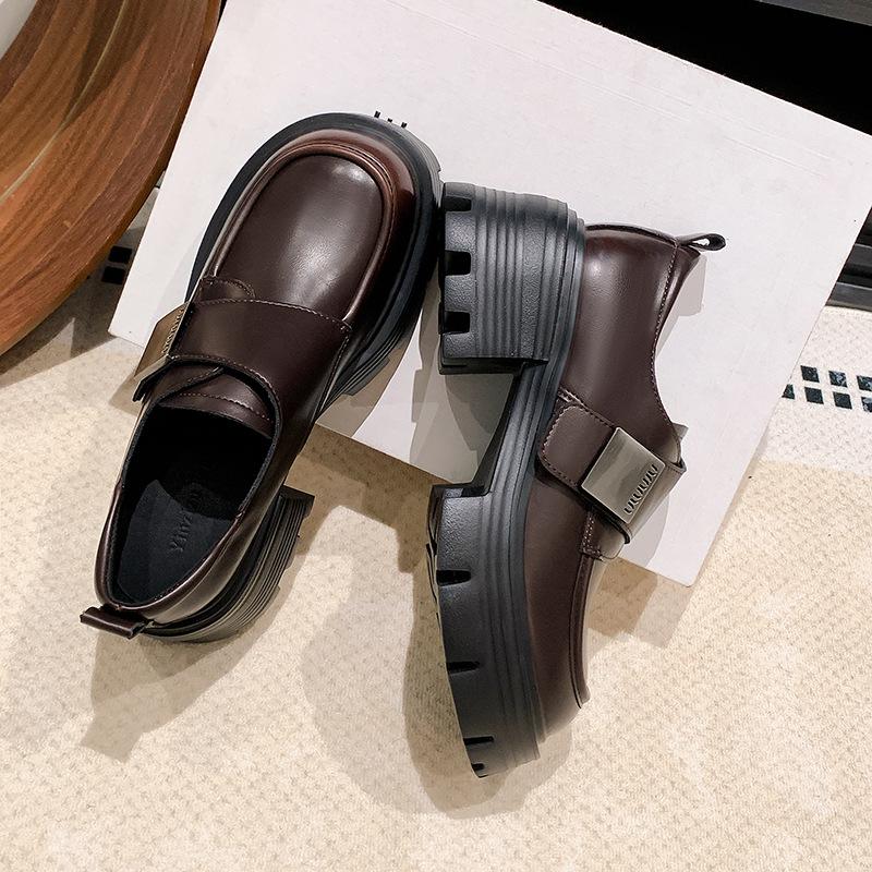 Platform Loafers Women's All-Matching Genuine Leather Small Leather Shoes Chunky Heel Fashion Round Toe Shoes