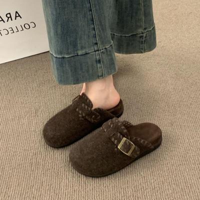 Женские серые фетровые ретро полушлепанцы баотоу в корейском стиле на толстой подошве для улицы