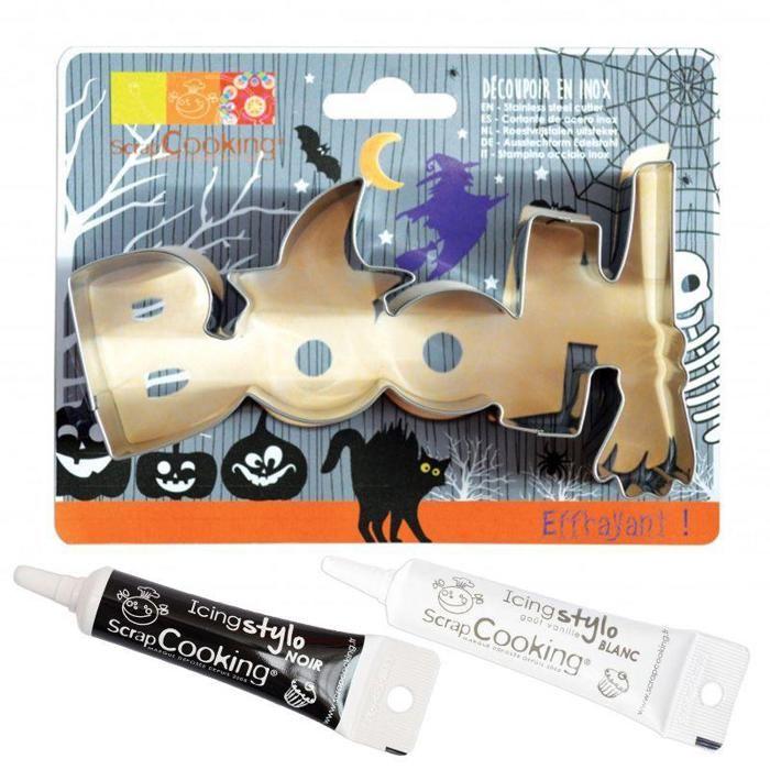 Découpoir à biscuits en inox Booh Halloween + stylos alimentaires noir et blanc
