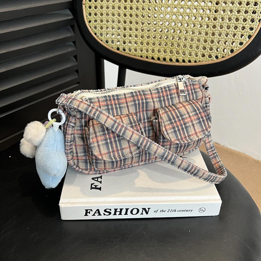 Designer Plaid Shoulder Bag Multi Pocket Women Handbag Korean Striped Armpit Bag Daily