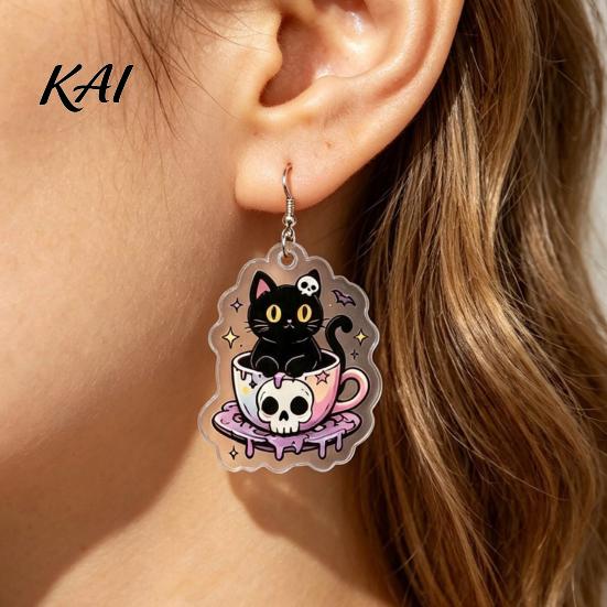 Unique Fashion Jewelry for Girls 1 Pair Halloween Earrings Women, 2D Acrylic Teacup Black Cat Mysterious Dark Style Accessories Dangle Drop Earrings,