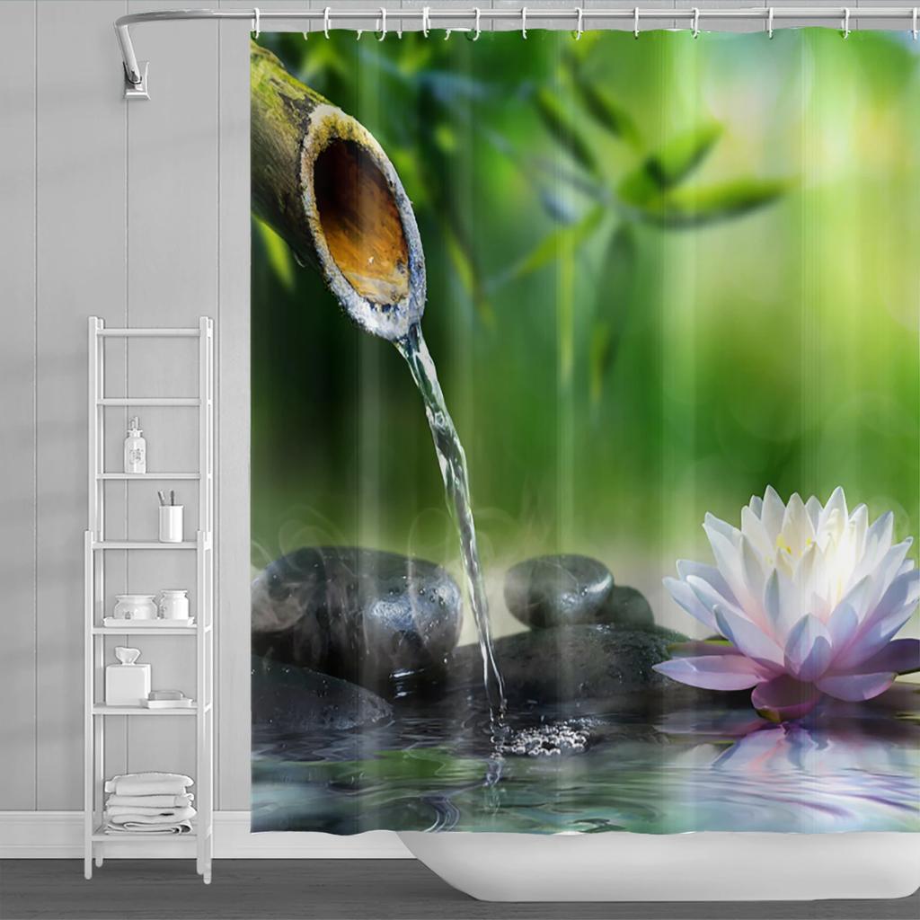 Spa Buddha Water Yoga Shower Curtain Rural Landscape Creek Stone Lotus Buddha Waterproof Polyester Bathroom Curtain With Hooks