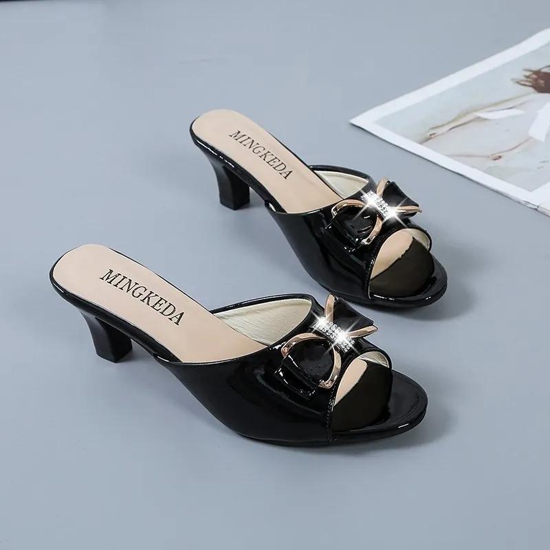 Slippers Women's Solid Color Summer Mid-heel Shoes Bow Candy Shoes One-word Sandals and Slippers Women's All-match High-heeled Sandals