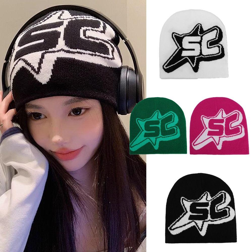 Y2K Knitted Letter Beanies Star Ins Skullies Cool Pullover Hats  Outdoor
