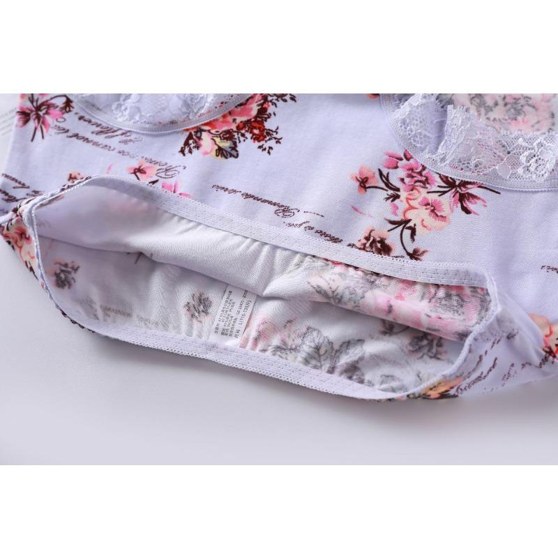 Нижнее белье из хлопка со средней талией, эластичные, дышащие, с принтом, кружевные трусики с треугольными чашечками