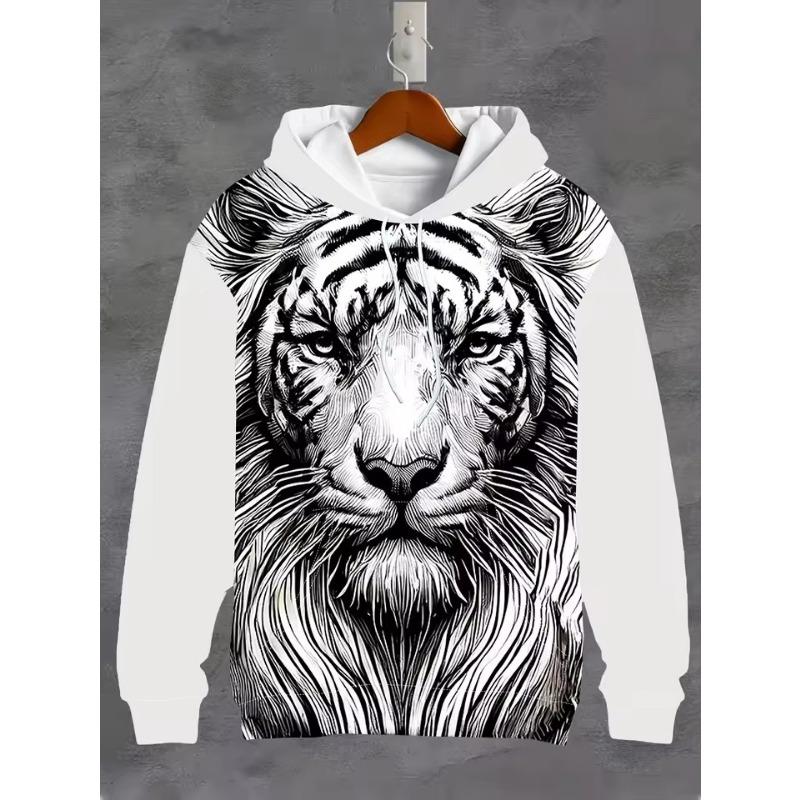Vintage Men's Hooded Hoodies 3D Printed Battle Animal Pattern Sweatshirt Drawstring Sport Long Sleeve Tops Casual Men's Clothing