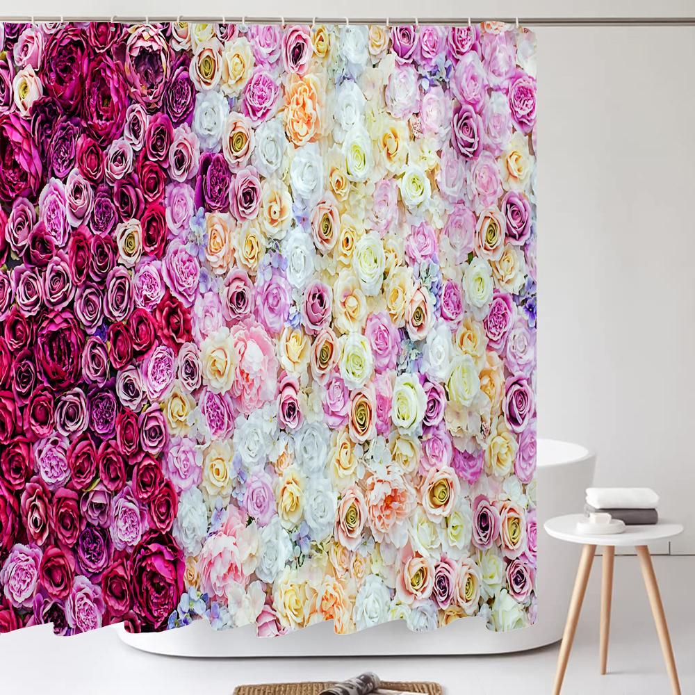 1Pcs Pink flower printing waterproof shower curtain, Rose flowers wall bathroom decorative curtain with plastic hooks