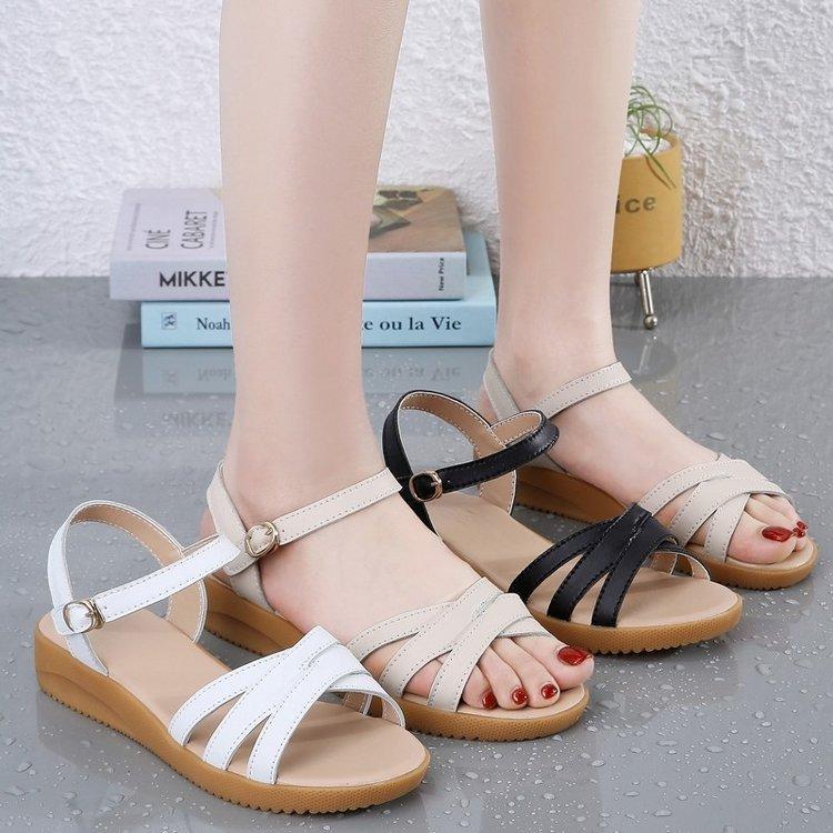 Сандалии из мягкой кожи с подошвой из говяжьих сухожилий, женские летние сандалии на плоской подошве, на низком каблуке, средней высоты, для матери, с мягкой подошвой, удобные для людей среднего и пожилого возраста