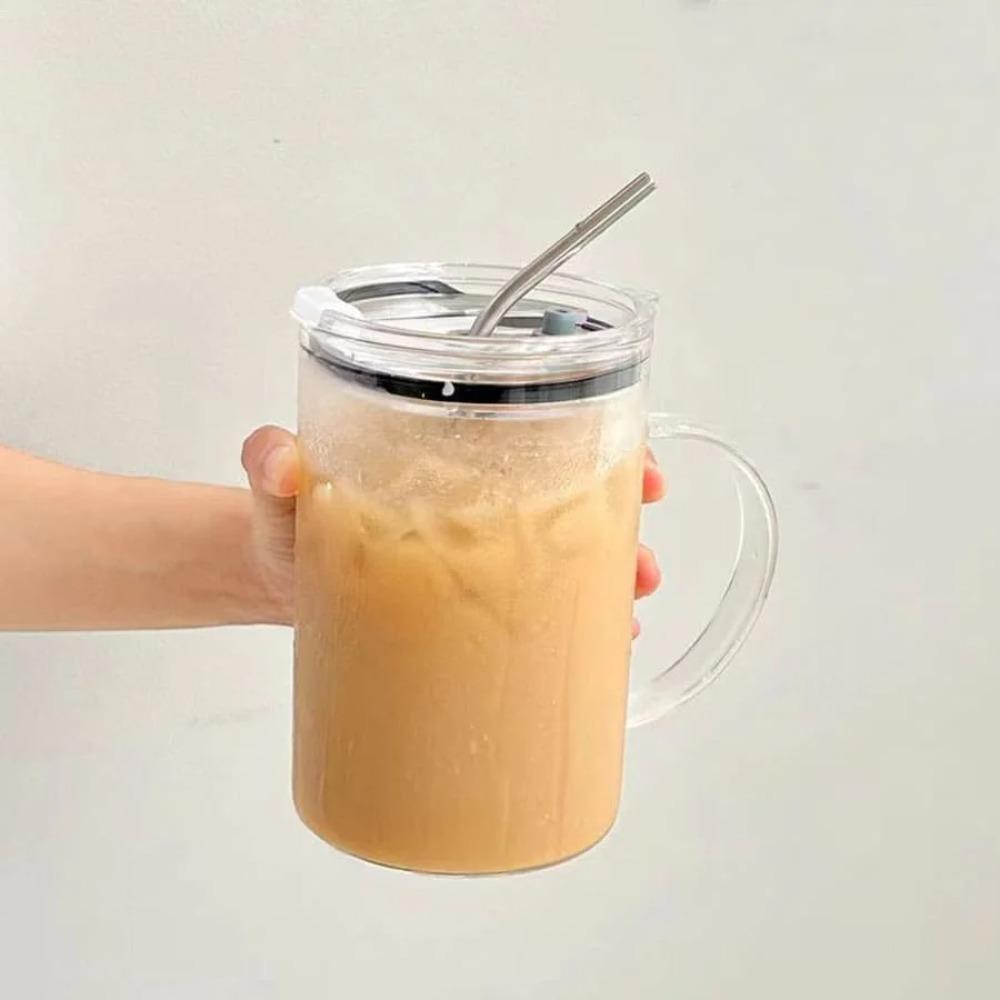 Transparent Glass Tumbler with Lid and Straw Drinking Glass Mug Glass Water Cup  Summer